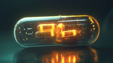 Leinwandbilder - Futuristic transparent pill bottle with glowing capsules showcasing cyberpunk aesthetic and high tech design Generative AI