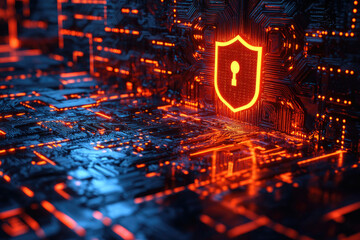 Poster - Cybersecurity shield glowing on a digital circuit board, representing data protection and online security.