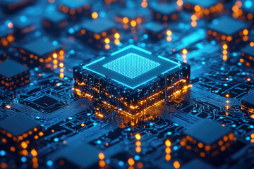 Poster - A glowing central processing unit (CPU) sits on a complex circuit board, representing advanced technology and computing power.
