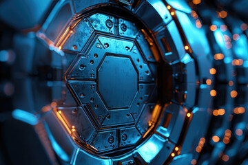 Poster - Close-up of a futuristic metallic structure with glowing blue and orange accents, intricate details.