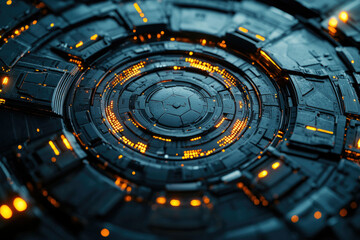 Poster - Futuristic technological circular structure with glowing orange accents, intricate design.