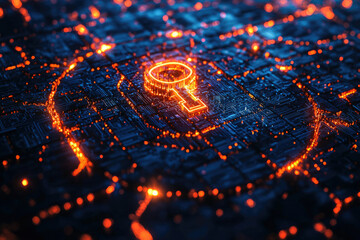 Poster - A glowing key symbol embedded in a complex circuit board, representing digital security and access.