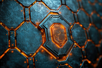 Poster - Abstract futuristic hexagonal metallic surface with glowing orange lines and a central emblem.