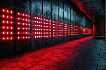 Poster - Red LED lights illuminate a dark, metallic corridor, creating a futuristic and mysterious ambiance.