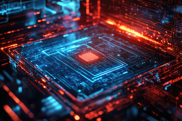 Poster - Abstract digital circuit board glowing with red and blue light, representing technological innovation.