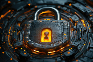 Aufkleber - A futuristic, glowing padlock symbolizes digital security and data protection.