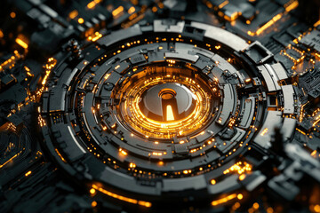 Aufkleber - Abstract digital art depicting a futuristic, glowing, circular technological mechanism.