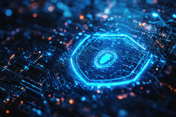 Poster - Cybersecurity shield on digital circuit board, symbolizing digital protection and data security.