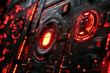 Aufkleber - Close-up of a futuristic, dark metallic panel with glowing red circuitry and intricate details.