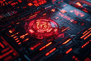 Poster - Close-up of a futuristic, glowing red circuit board with a central circular display.