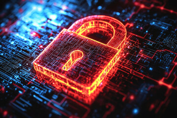 Poster - A glowing red padlock on a circuit board symbolizes digital security and data protection.