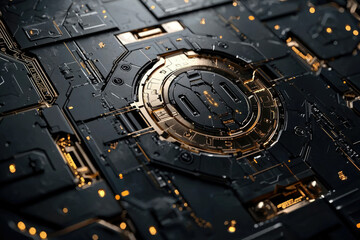 Poster - Futuristic metallic interface with intricate circuitry and glowing accents, showcasing technological advancement.