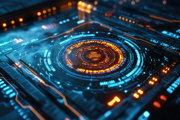 Poster - Futuristic digital interface with glowing circular HUD and intricate circuitry, showcasing technological advancement.