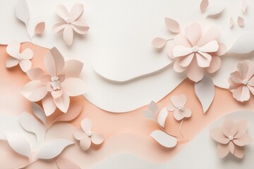Poster - Delicate pastel paper flowers and leaves create an elegant art background with luxurious layers in blush pink and peach shades Generative AI
