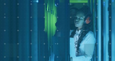 Poster - Analyzing data with digital overlay, woman wearing headphones in server room