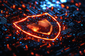 Poster - Cybersecurity shield glowing on a circuit board, symbolizing digital protection and data safety.