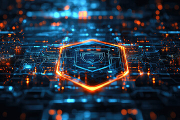 Poster - Cybersecurity shield displayed on a futuristic digital circuit board, symbolizing data protection and network security.