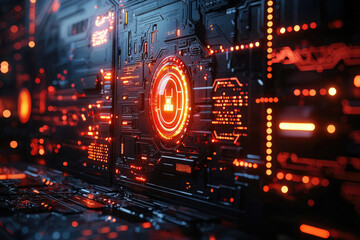 Aufkleber - Futuristic digital security system interface with glowing orange circuits and a central lock icon.