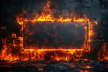 Poster - Fiery rectangular frame ablaze on a dark grunge wall, creating a dramatic and intense visual.