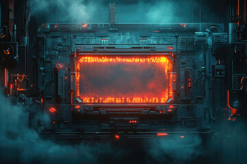 Aufkleber - Futuristic, dark sci-fi panel with glowing orange frame, suggesting technology, interface, or portal.