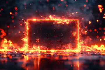 Poster - Fiery digital frame engulfed in flames, sparks, and smoke; intense, dark background.
