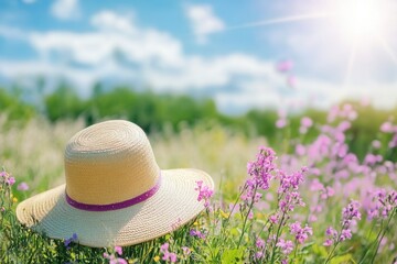 Poster - Sunlit summer field with a straw hat surrounded by blooming flowers and clear blue skies in the afternoon hours Generative AI