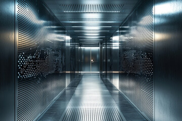 Poster - A futuristic metallic corridor with perforated walls and subtle lighting, creating a sleek, technological atmosphere.