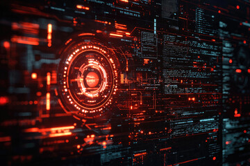 Poster - Abstract digital data streams and futuristic HUD interface glowing in red and black.