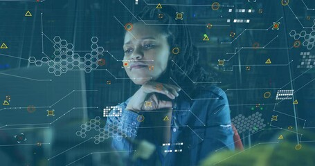Poster - Analyzing data with animation overlay, woman in denim jacket focusing on work