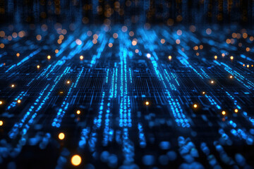 Aufkleber - Abstract digital data streams flow across a futuristic circuit board, glowing with bright blue and orange lights.