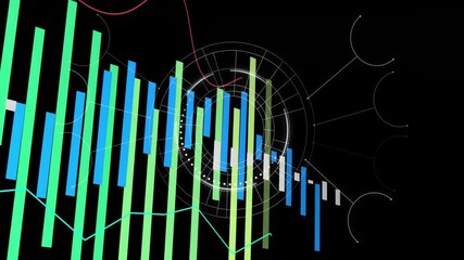 Poster - Animation of colorful bar and line graphs with circular data on black background