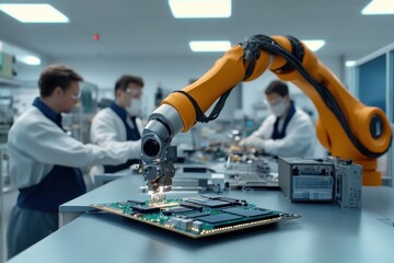 Poster - Engineers and a robotic arm work on circuit boards in a high-tech lab