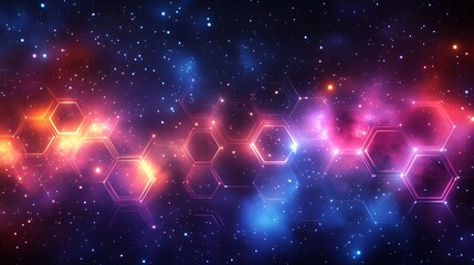 Wall Mural - Glowing Hexagons float serenely across a vibrant nebula cosmic background. AI Generated