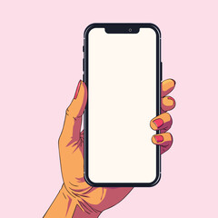 Vector illustration of a hand holding a smartphone with a blank white screen, perfect for mobile app design, communication, and technology concepts. Ideal for business, messaging, and modern device 
