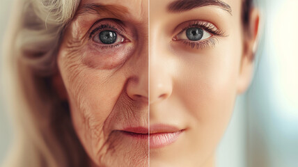 Aufkleber - This Comparing facial appearances of aging and youth, highlighting potential of stem cell research.