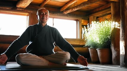 Aufkleber - Peaceful senior man meditates in a serene log cabin, sunlight streaming through the windows, illuminating the tranquil scene as he sits in a yoga posture