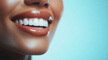 Poster - Close up showcase of a bright, healthy smile with perfect teeth on a subtle dental visit background Generative AI