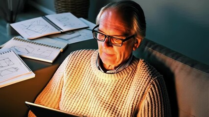 Aufkleber - Experienced architect examines building plans on digital tablet, illuminated by warm light in comfortable home office, surrounded by sketches and notebooks