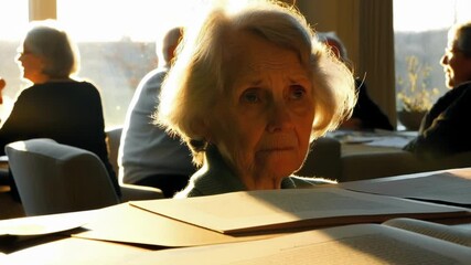Poster - Sunlight illuminates an elderly woman's face as she sits at a table, seemingly lost in thought while reviewing documents in a bustling library setting
