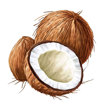 Watercolor Coconut Illustration, vector with white background, hand-drawn style