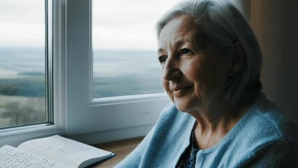 Poster - Serene senior woman sitting quietly by window, immersed in peaceful contemplation while gazing at tranquil landscape with notebook resting nearby