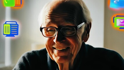 Aufkleber - Happy retired man wearing glasses is smiling while colorful augmented reality application icons float around his head, suggesting his engagement with modern technology