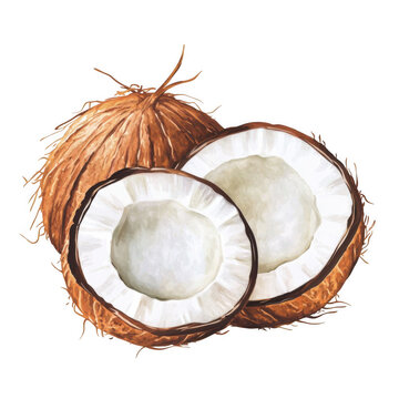 Watercolor Coconut Illustration, vector with white background, hand-drawn style