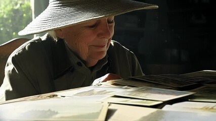 Poster - Elderly woman wearing sun hat sitting at wooden table, nostalgically sifting through vintage photographs while sunlight illuminates dancing dust motes