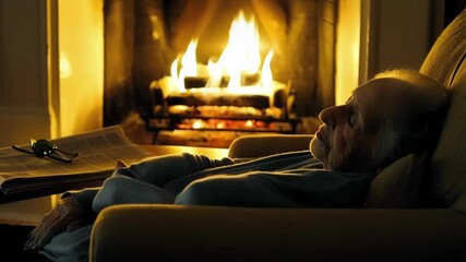 Poster - Warm fire illuminates a peaceful scene of an elderly woman sleeping soundly in an armchair by the fireplace, creating a cozy and comforting ambiance