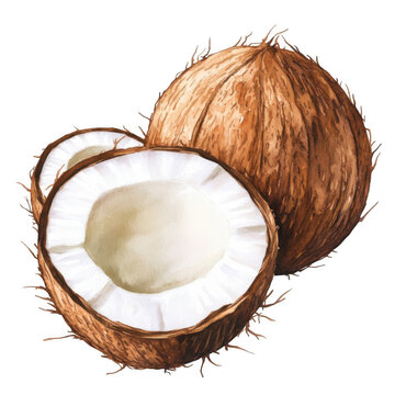 Watercolor Coconut Illustration, vector with white background, hand-drawn style