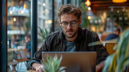 Poster - Freelancer focuses on work while enjoying cafe atmosphere during a busy afternoon