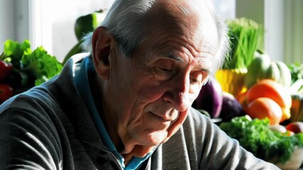 Poster - Sunlight illuminates an elderly man's thoughtful expression as he sits near a vibrant display of fresh vegetables, possibly reflecting on a healthy lifestyle or reminiscing about past harvests