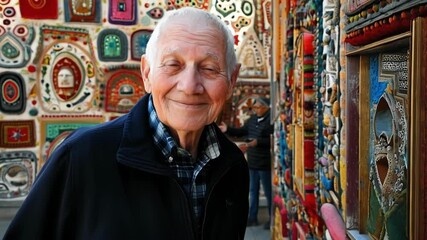 Poster - Elderly gentleman radiating happiness while standing near vibrant mosaic wall, capturing authentic moment of artistic appreciation and joyful cultural engagement