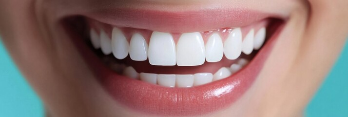 Poster - Perfectly white teeth shine in a warm smile during a dental check up in a gentle pastel blue atmosphere Generative AI